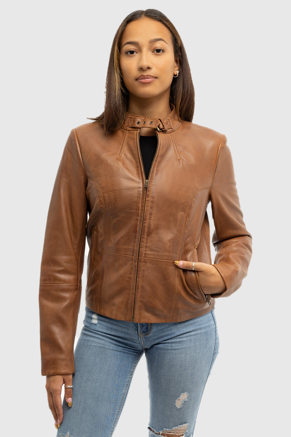 Rexie Womens Fashion Leather Jacket Dark Cognac
