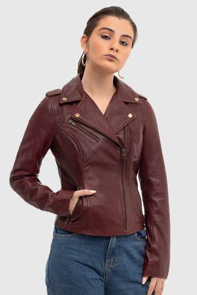 Harper Womens Moto Leather Jacket (Sangria)