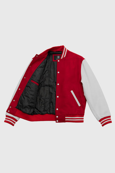 Varsity Red Wool Body/ White Leather Sleeves