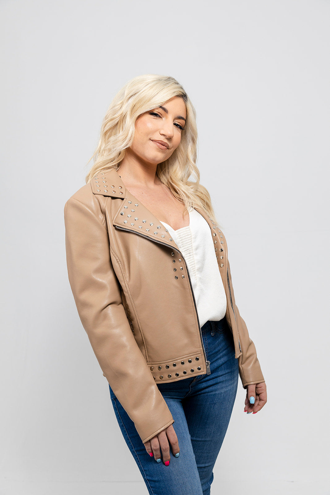 Sandy Womens Vegan Faux Leather Jacket Beige