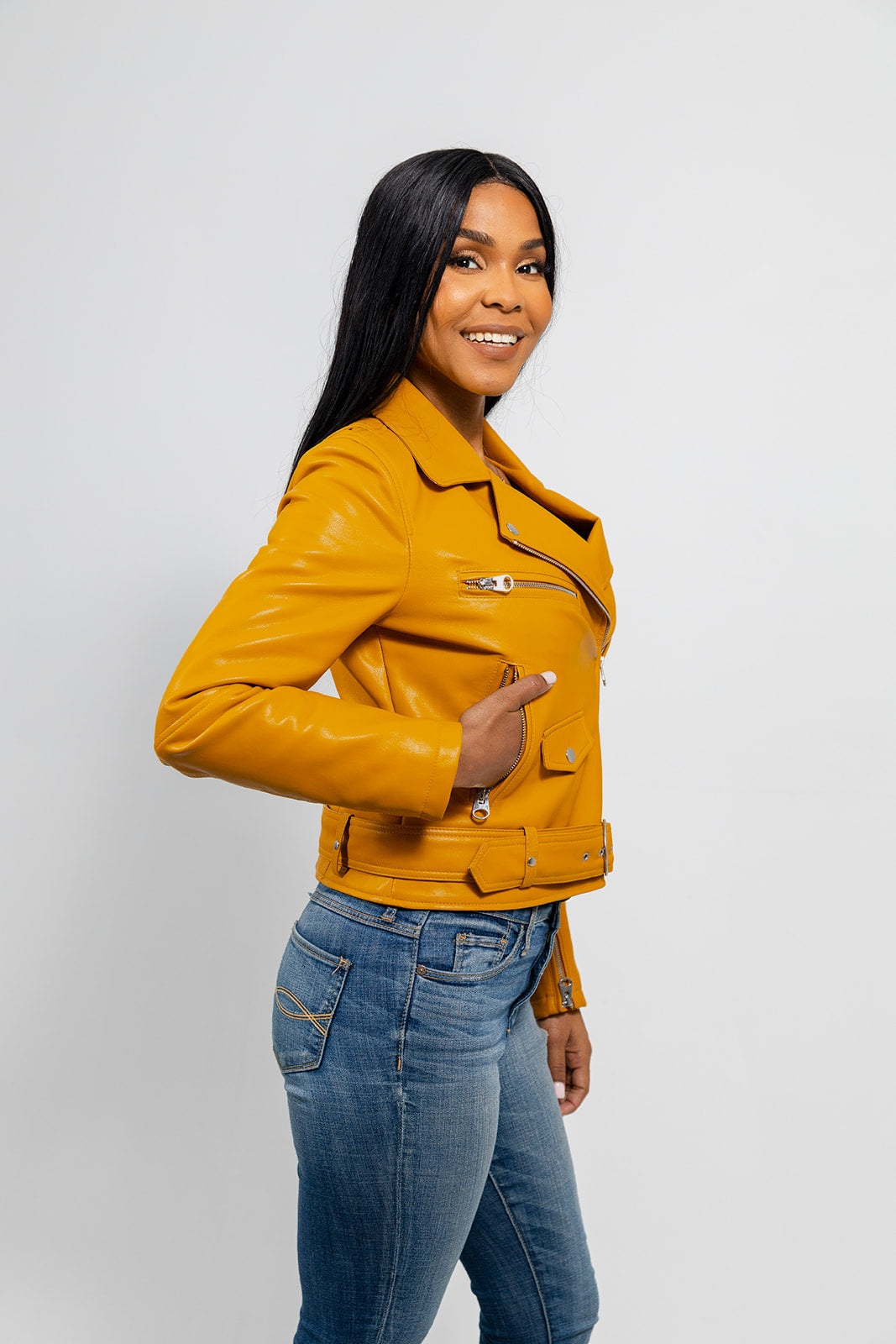 Remy - Women's Vegan Faux Leather Jacket (Mustard)